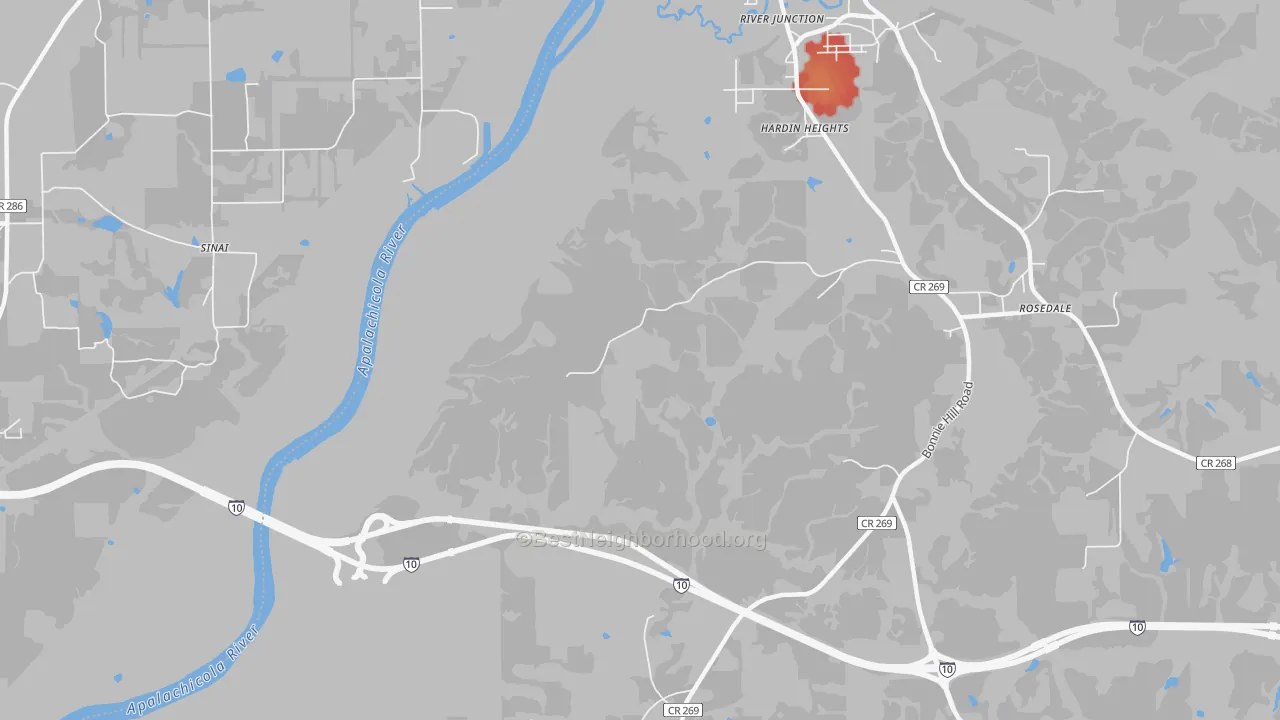 Walk Grade map of Hardin Heights, FL, walkable areas in green and car-dependent areas in red