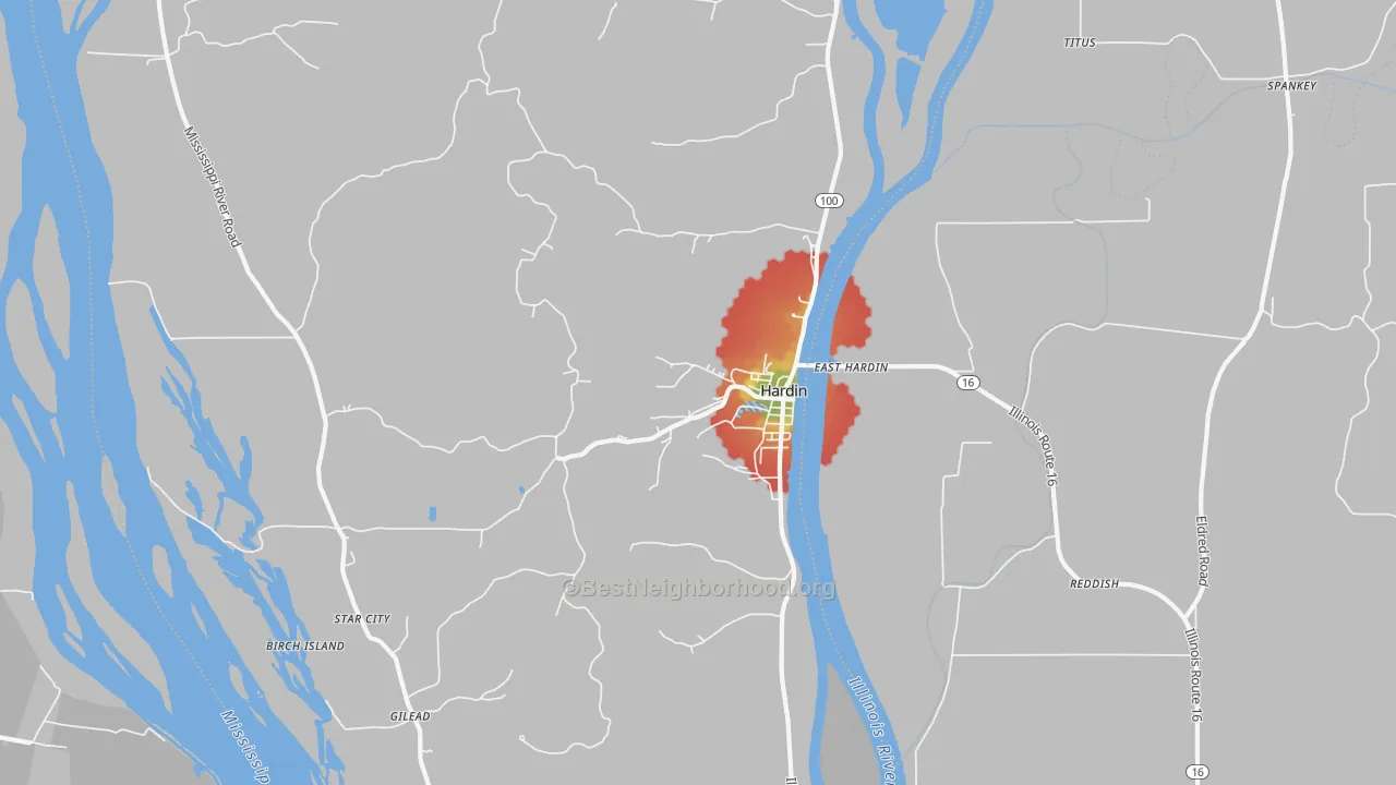Walk Grade map of Hardin, IL, walkable areas in green and car-dependent areas in red