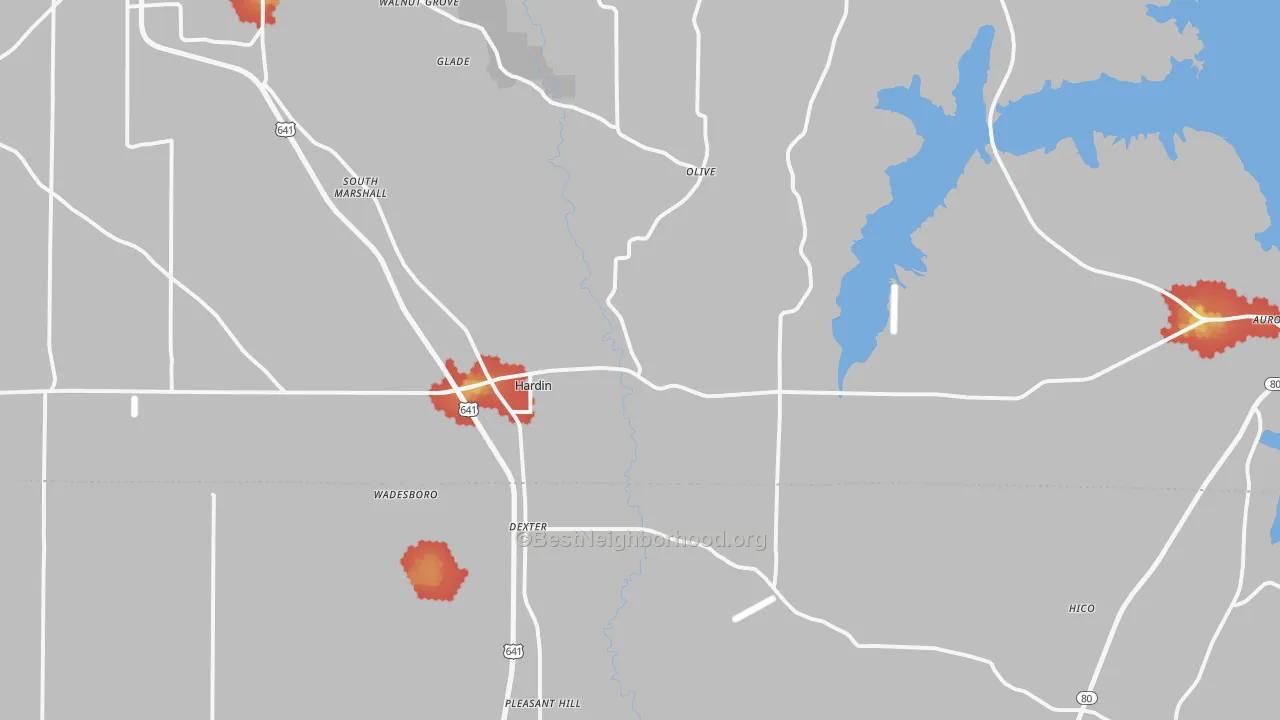 Walk Grade map of Hardin, KY, walkable areas in green and car-dependent areas in red