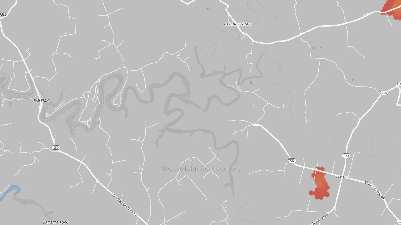 Walk Grade map of Hardin Springs, KY, walkable areas in green and car-dependent areas in red