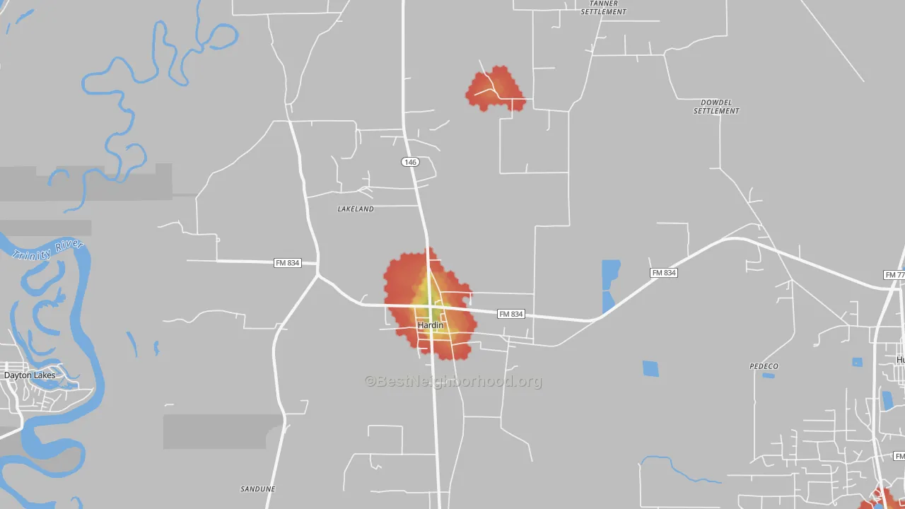 Walk Grade map of Hardin, TX, walkable areas in green and car-dependent areas in red