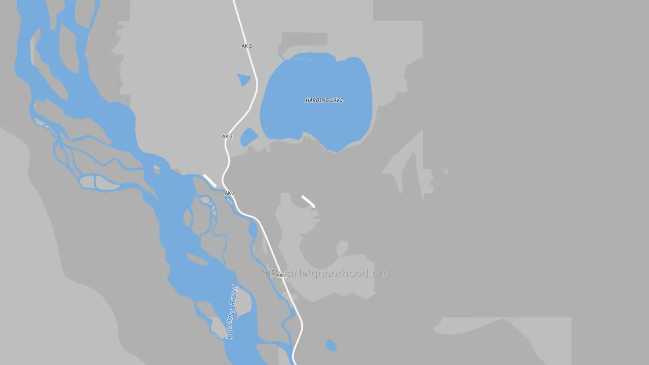 Walk Grade map of Harding-Birch Lakes, AK, walkable areas in green and car-dependent areas in red
