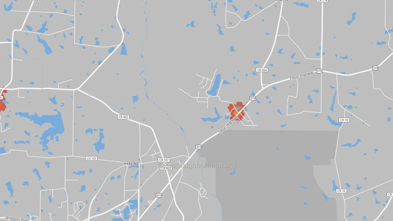 Walk Grade map of Harding, GA, walkable areas in green and car-dependent areas in red
