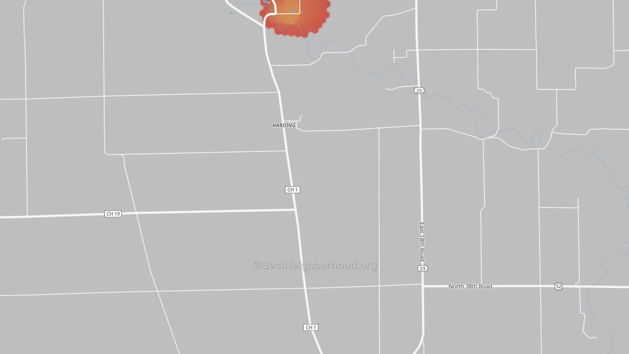 Walk Grade map of Harding, IL, walkable areas in green and car-dependent areas in red
