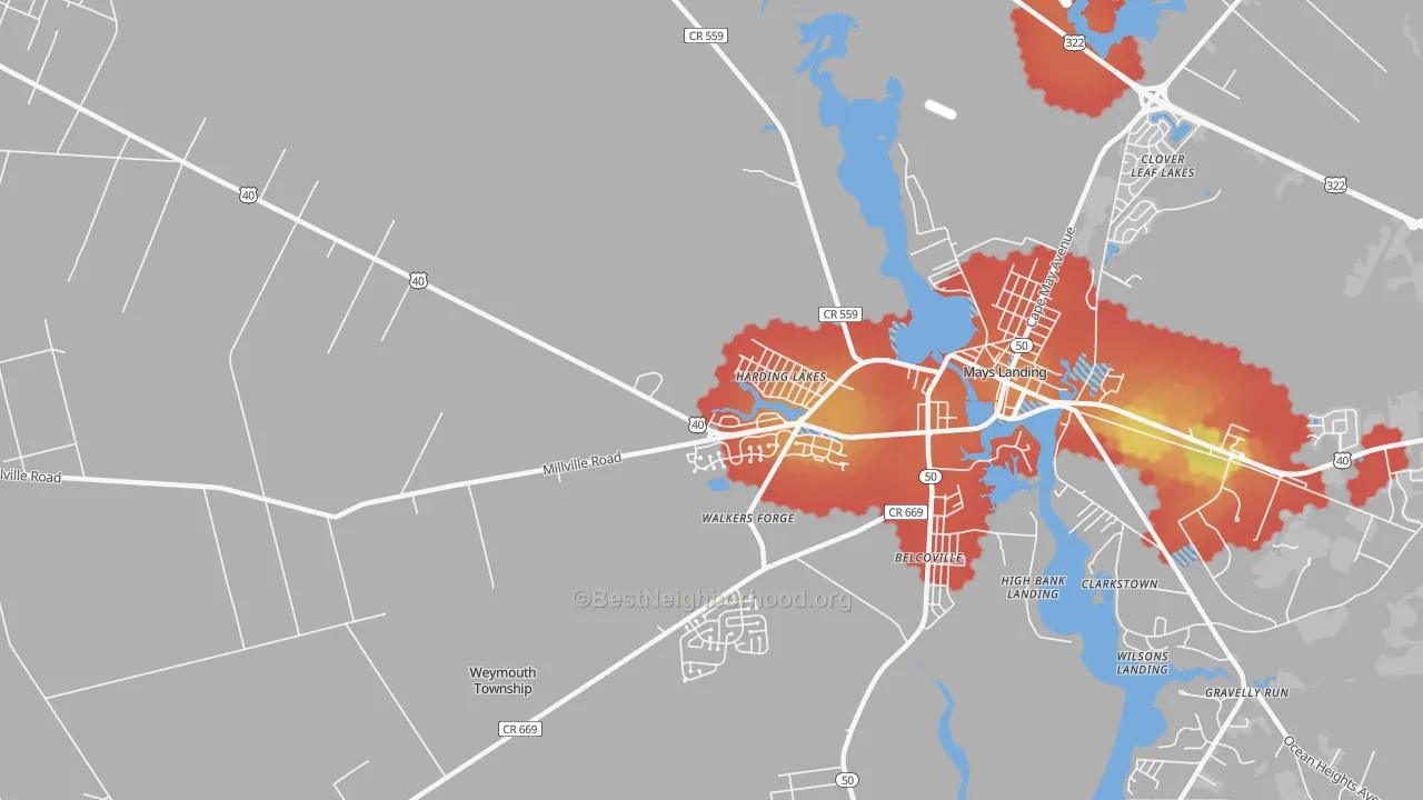 Walk Grade map of Harding Lakes, NJ, walkable areas in green and car-dependent areas in red