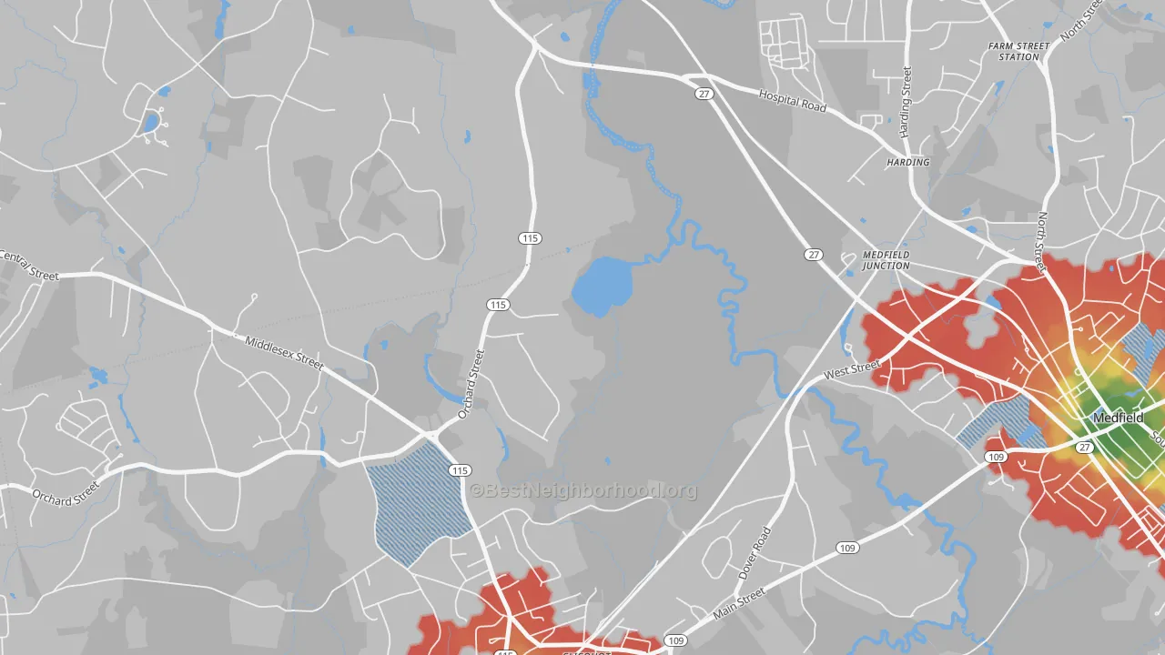 Walk Grade map of Harding, MA, walkable areas in green and car-dependent areas in red