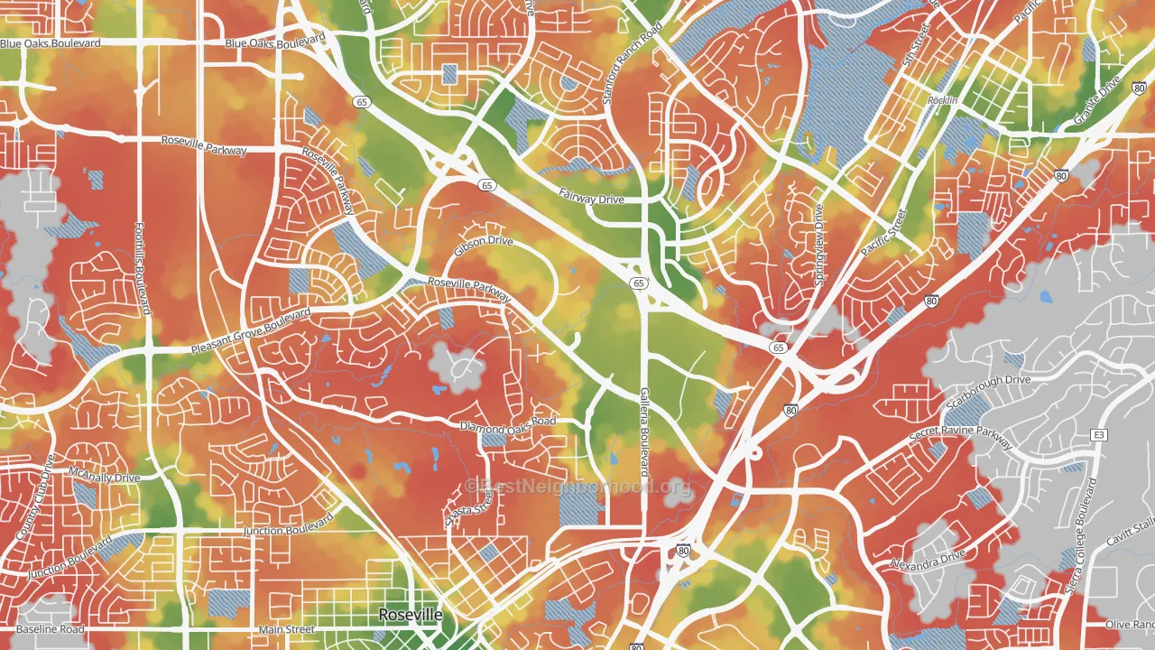 Walk Grade map of Harding, Roseville, CA, walkable areas in green and car-dependent areas in red
