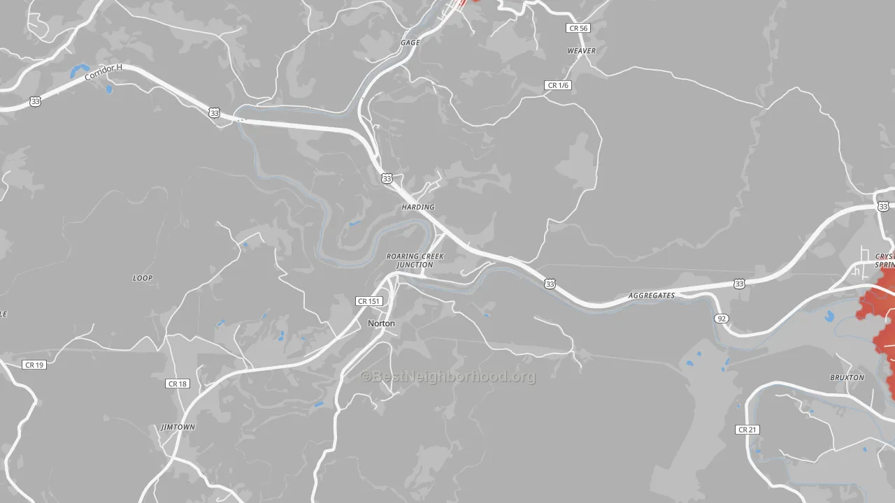 Walk Grade map of Harding, WV, walkable areas in green and car-dependent areas in red