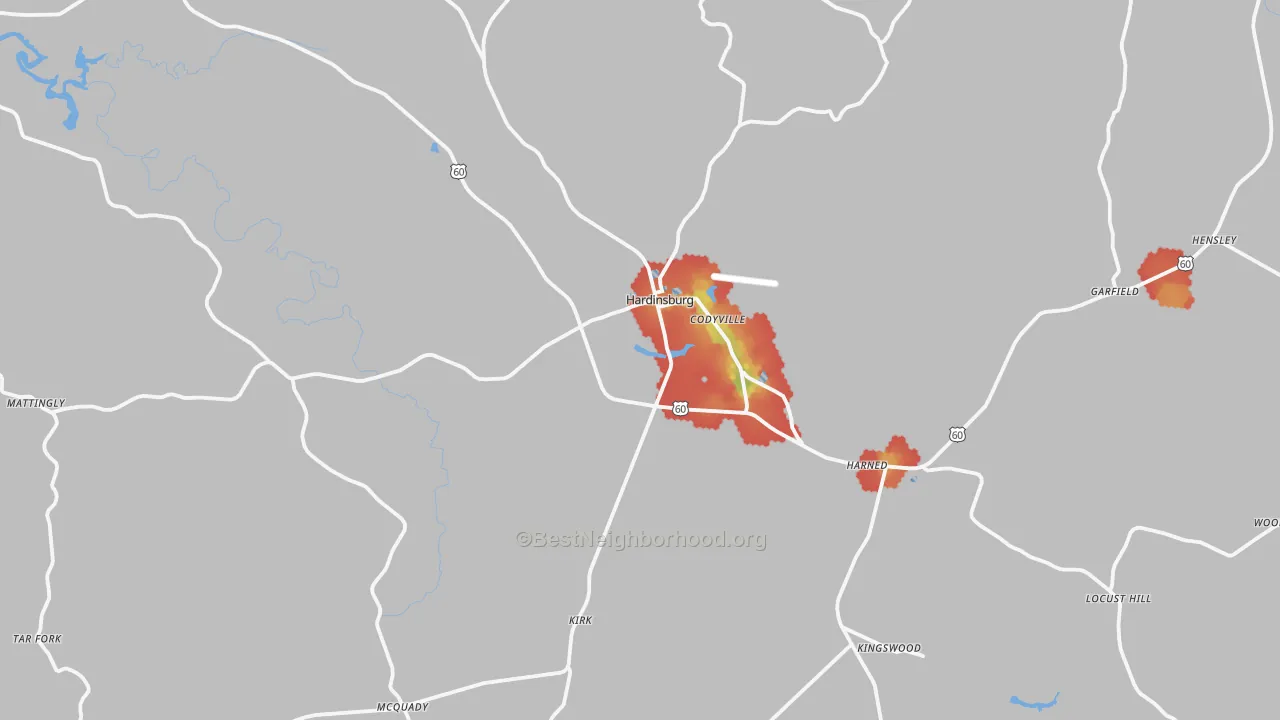 Walk Grade map of Hardinsburg, KY, walkable areas in green and car-dependent areas in red
