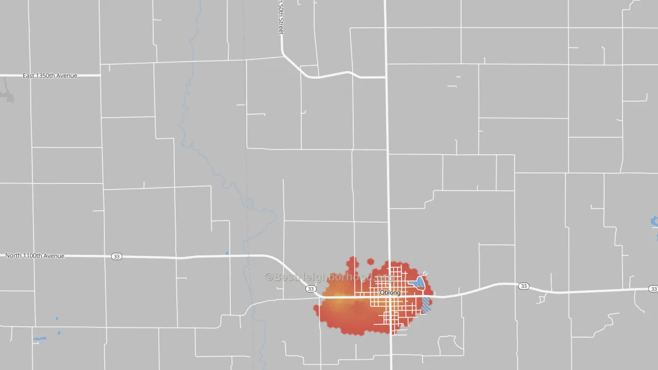 Walk Grade map of Hardinville, IL, walkable areas in green and car-dependent areas in red