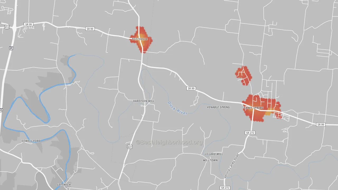 Walk Grade map of Hardison Mill, TN, walkable areas in green and car-dependent areas in red
