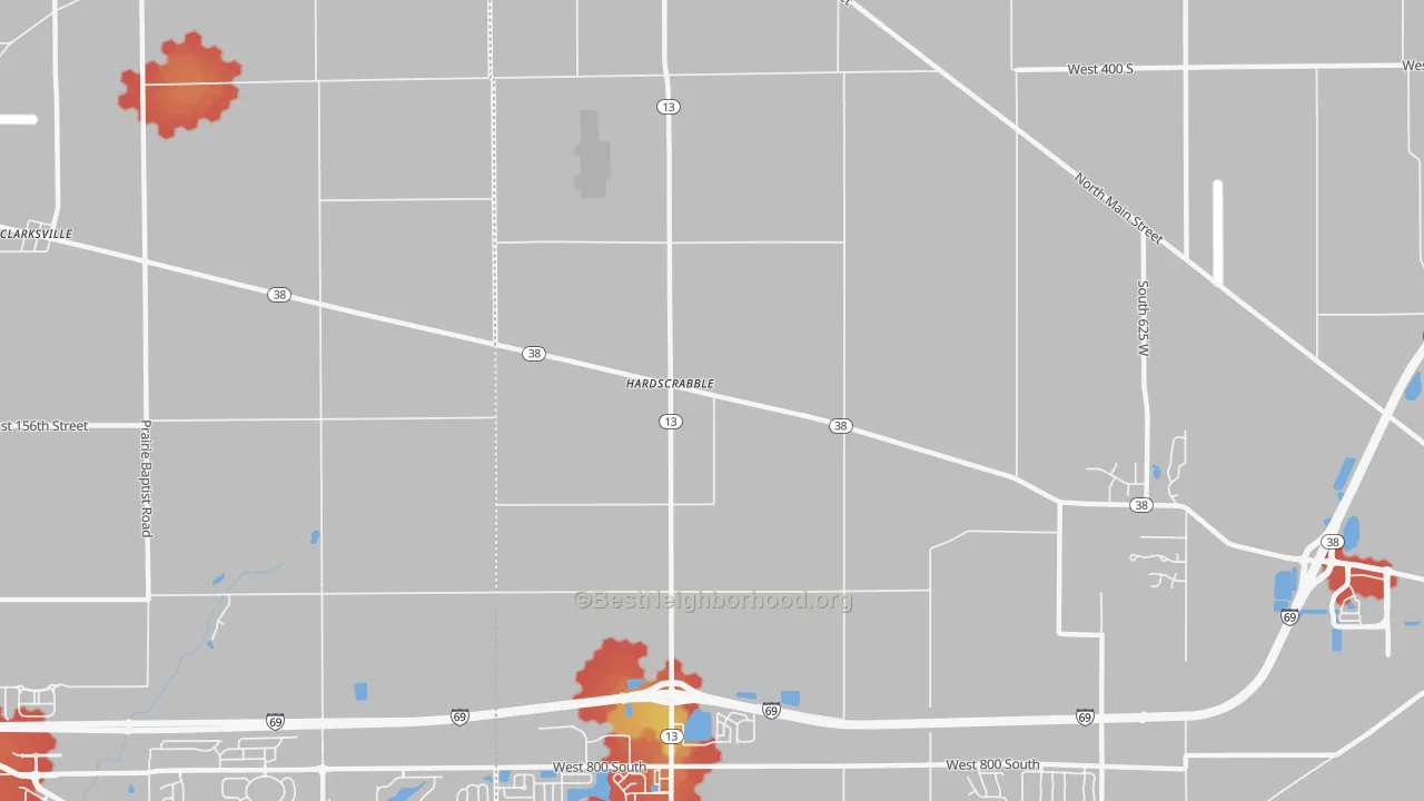 Walk Grade map of Hardscrabble, IN, walkable areas in green and car-dependent areas in red