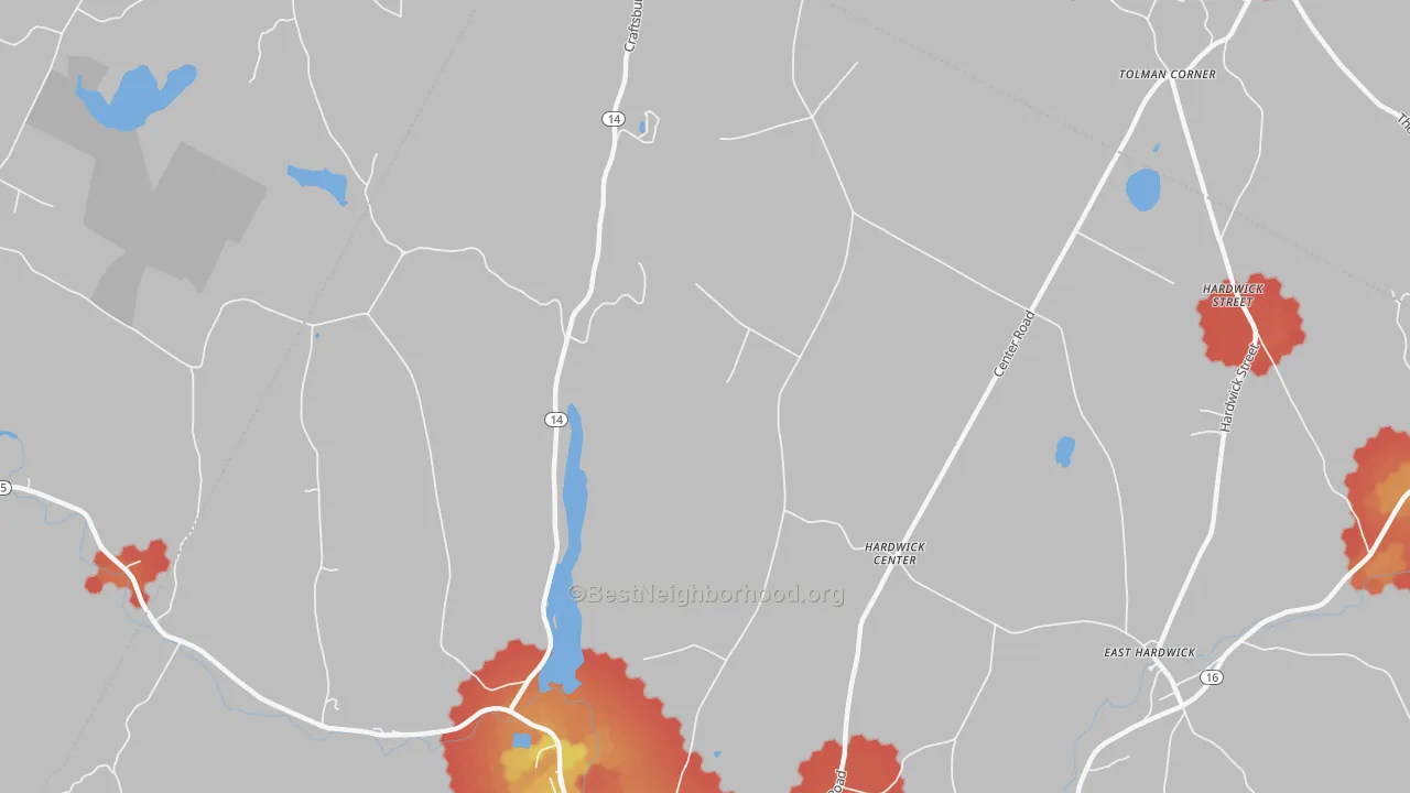 Walk Grade map of Hardwick Center, VT, walkable areas in green and car-dependent areas in red