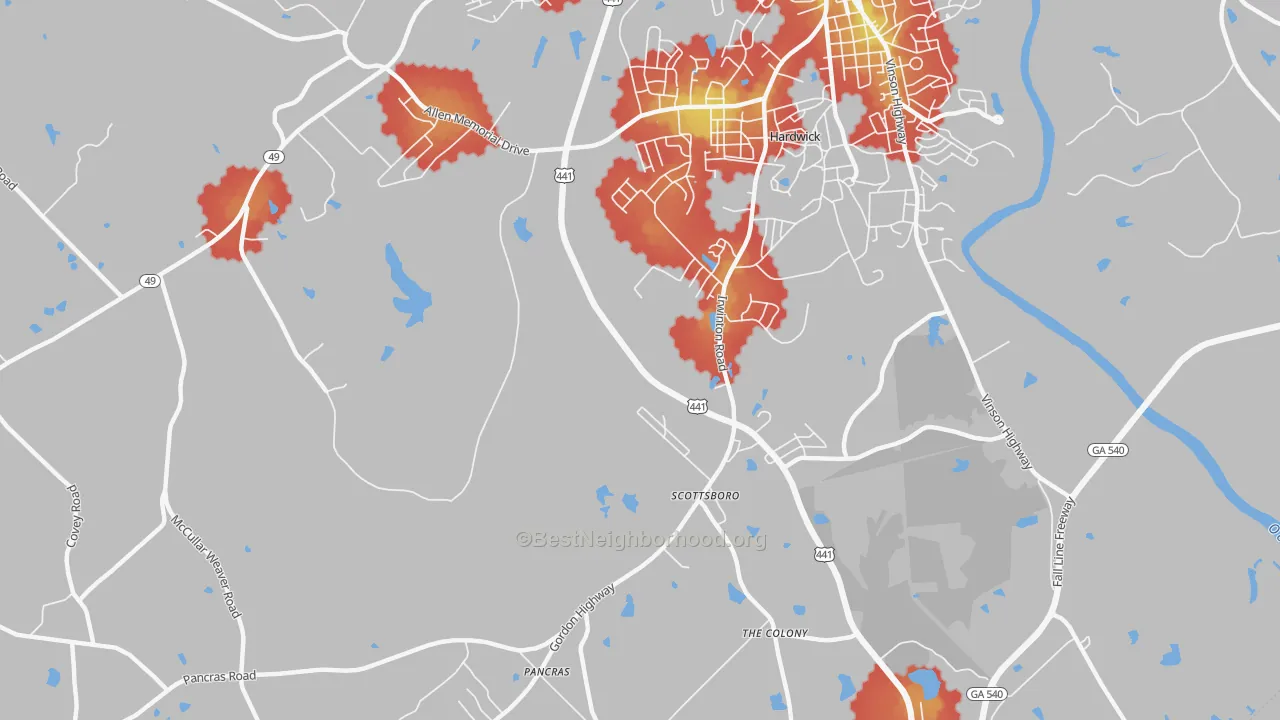 Walk Grade map of Hardwick, GA, walkable areas in green and car-dependent areas in red