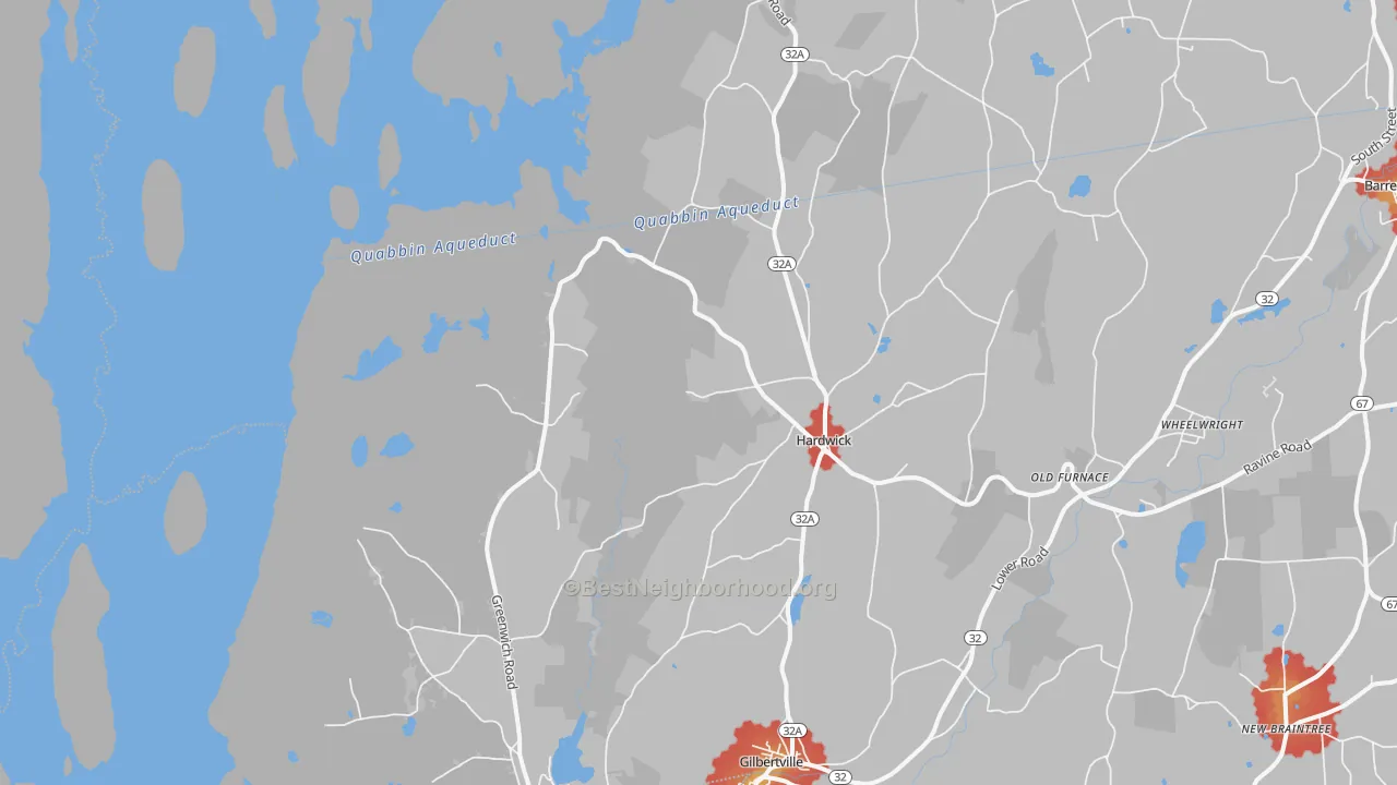 Walk Grade map of Hardwick, MA, walkable areas in green and car-dependent areas in red