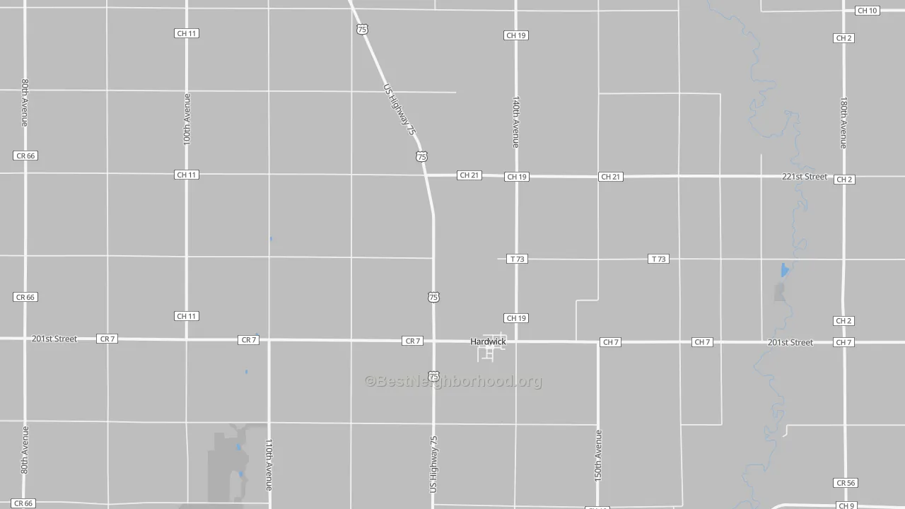 Walk Grade map of Hardwick, MN, walkable areas in green and car-dependent areas in red
