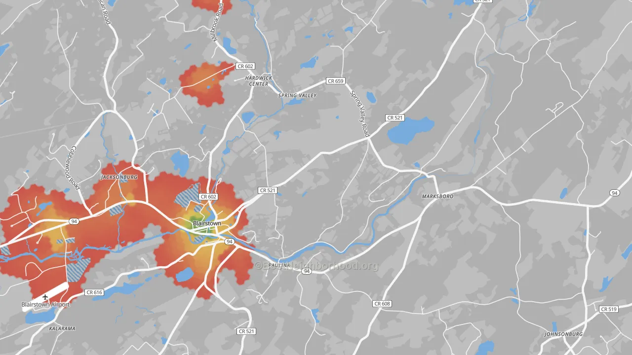 Walk Grade map of Hardwick, NJ, walkable areas in green and car-dependent areas in red