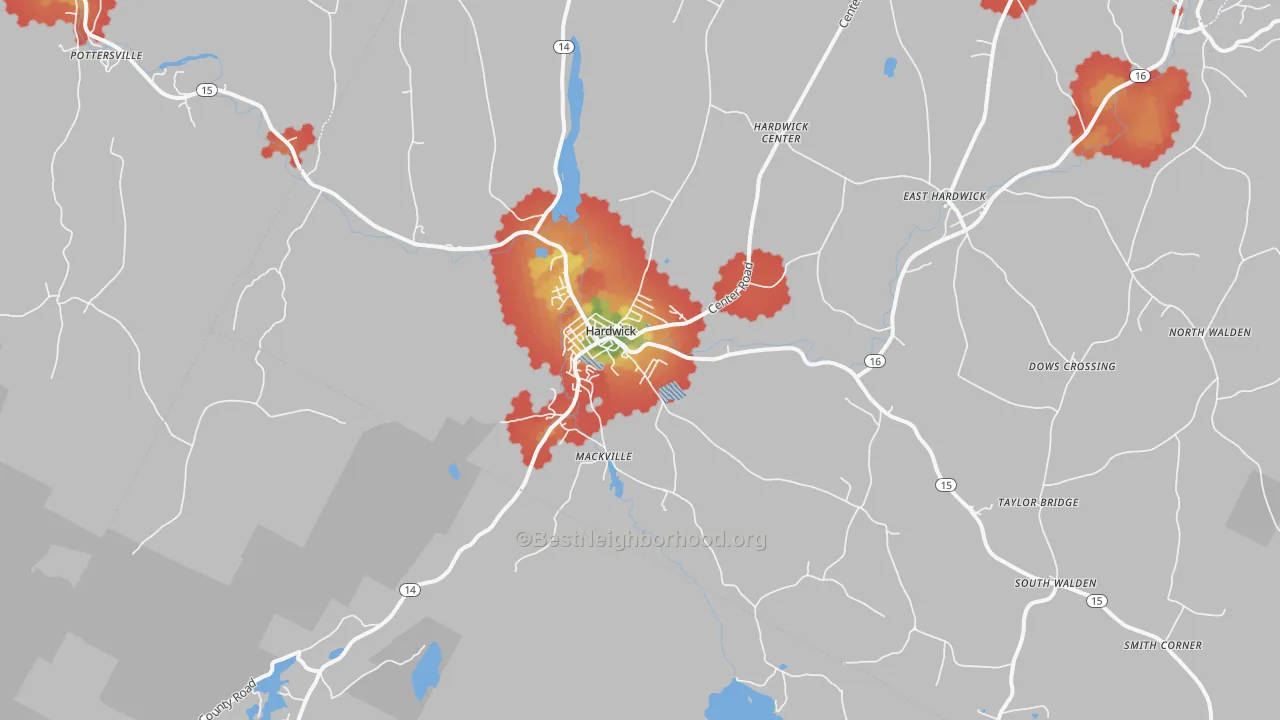 Walk Grade map of Hardwick, VT, walkable areas in green and car-dependent areas in red