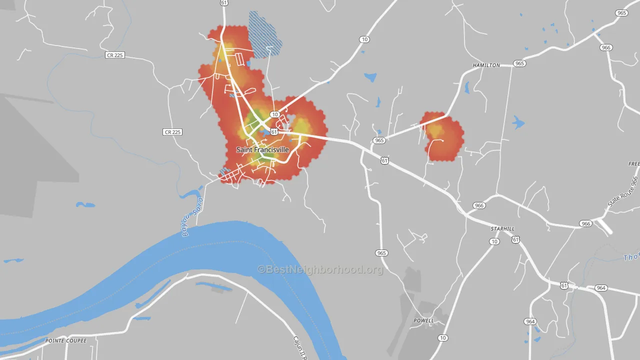 Walk Grade map of Hardwood, LA, walkable areas in green and car-dependent areas in red