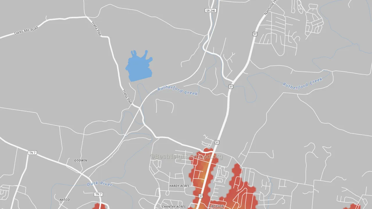 Walk Grade map of Hardy Acres, TN, walkable areas in green and car-dependent areas in red