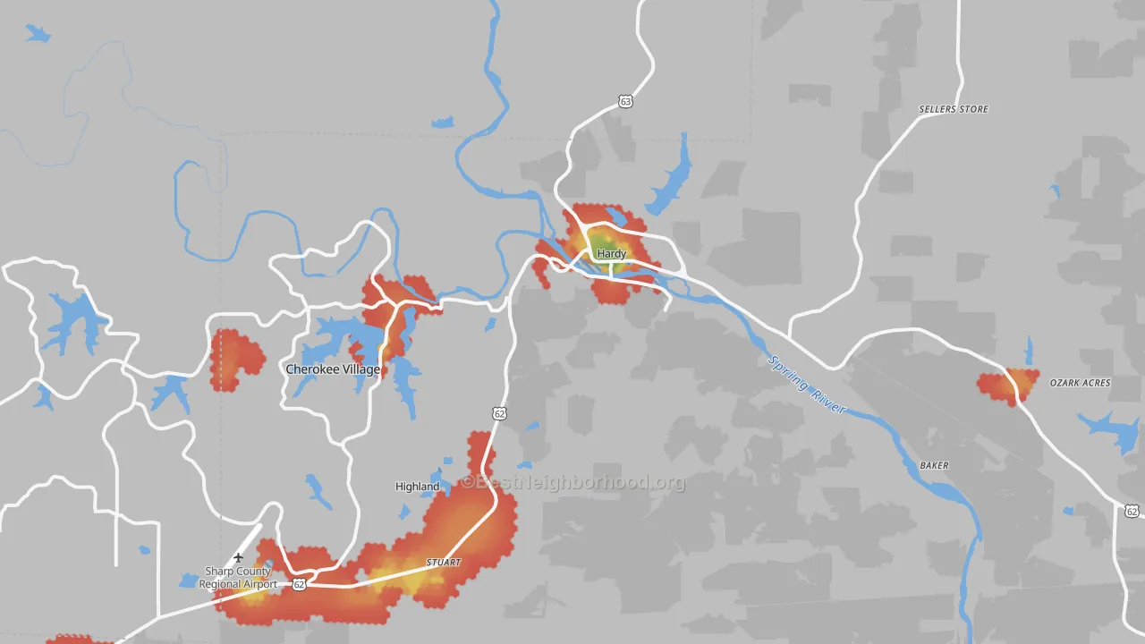 Walk Grade map of Hardy, AR, walkable areas in green and car-dependent areas in red