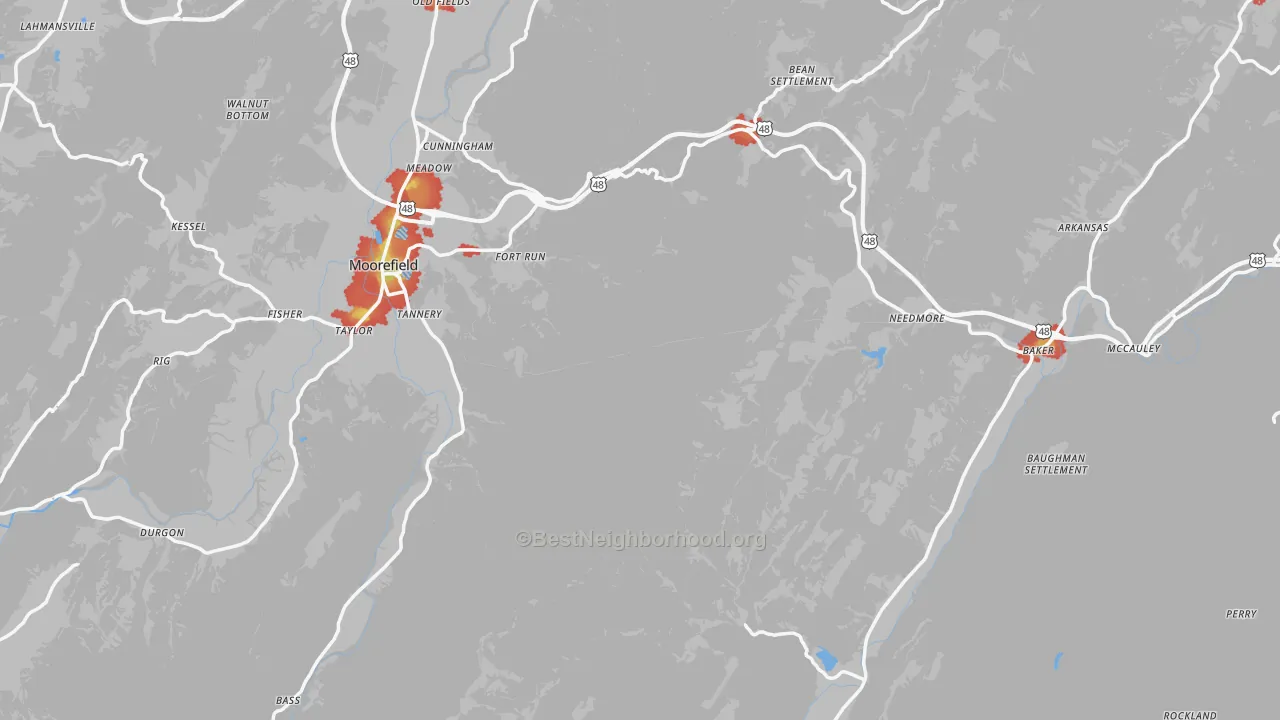 Walk Grade map of Hardy County, WV, walkable areas in green and car-dependent areas in red