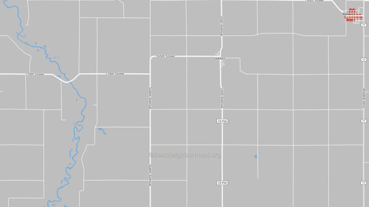 Walk Grade map of Hardy, IA, walkable areas in green and car-dependent areas in red