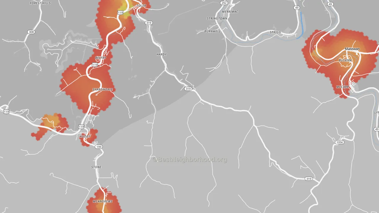 Walk Grade map of Hardy, KY, walkable areas in green and car-dependent areas in red