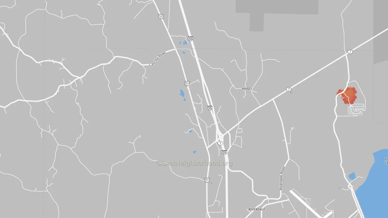 Walk Grade map of Hardy, MS, walkable areas in green and car-dependent areas in red