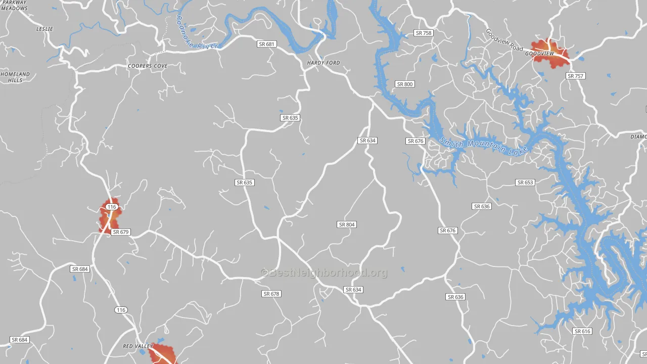 Walk Grade map of Hardy, VA, walkable areas in green and car-dependent areas in red