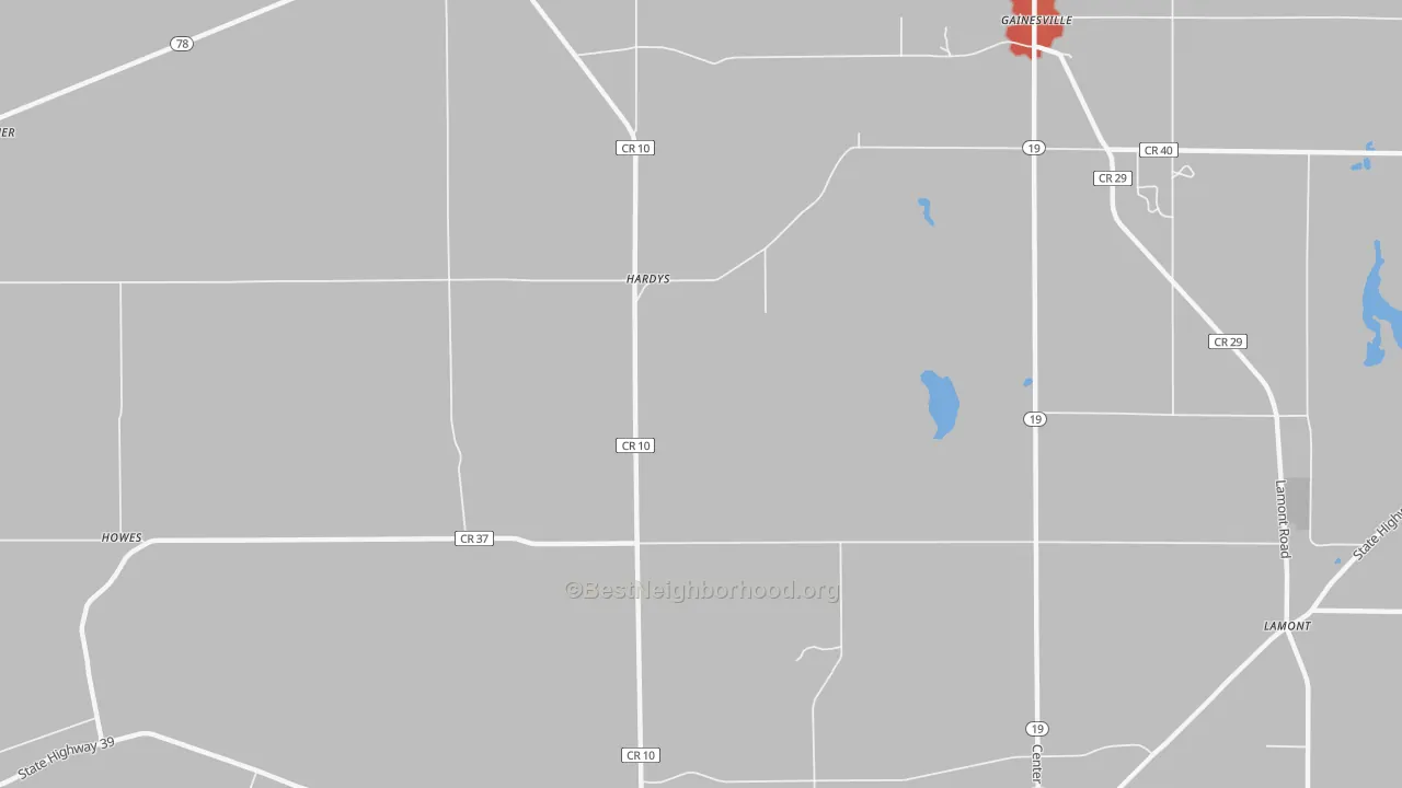 Walk Grade map of Hardys, NY, walkable areas in green and car-dependent areas in red