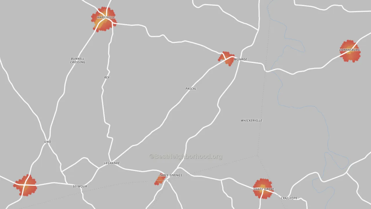 Walk Grade map of Hardyville, KY, walkable areas in green and car-dependent areas in red