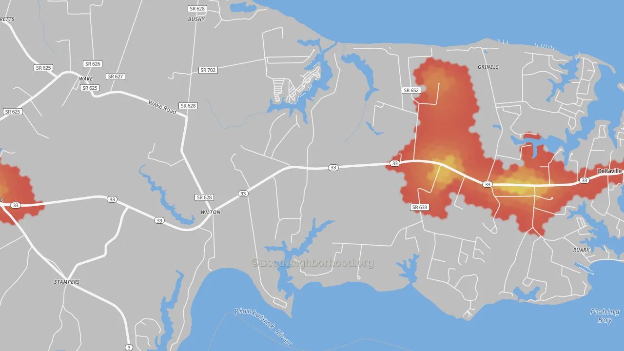 Walk Grade map of Hardyville, VA, walkable areas in green and car-dependent areas in red