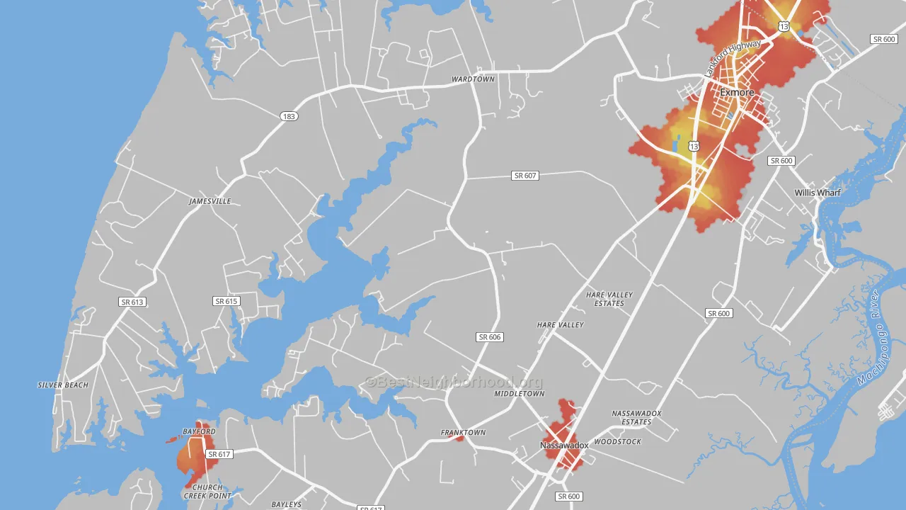 Walk Grade map of Hare Valley, VA, walkable areas in green and car-dependent areas in red