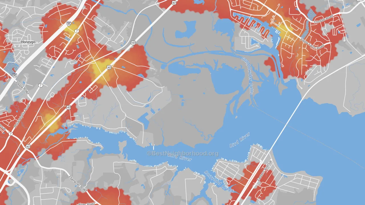 Walk Grade map of Harewood Park, MD, walkable areas in green and car-dependent areas in red