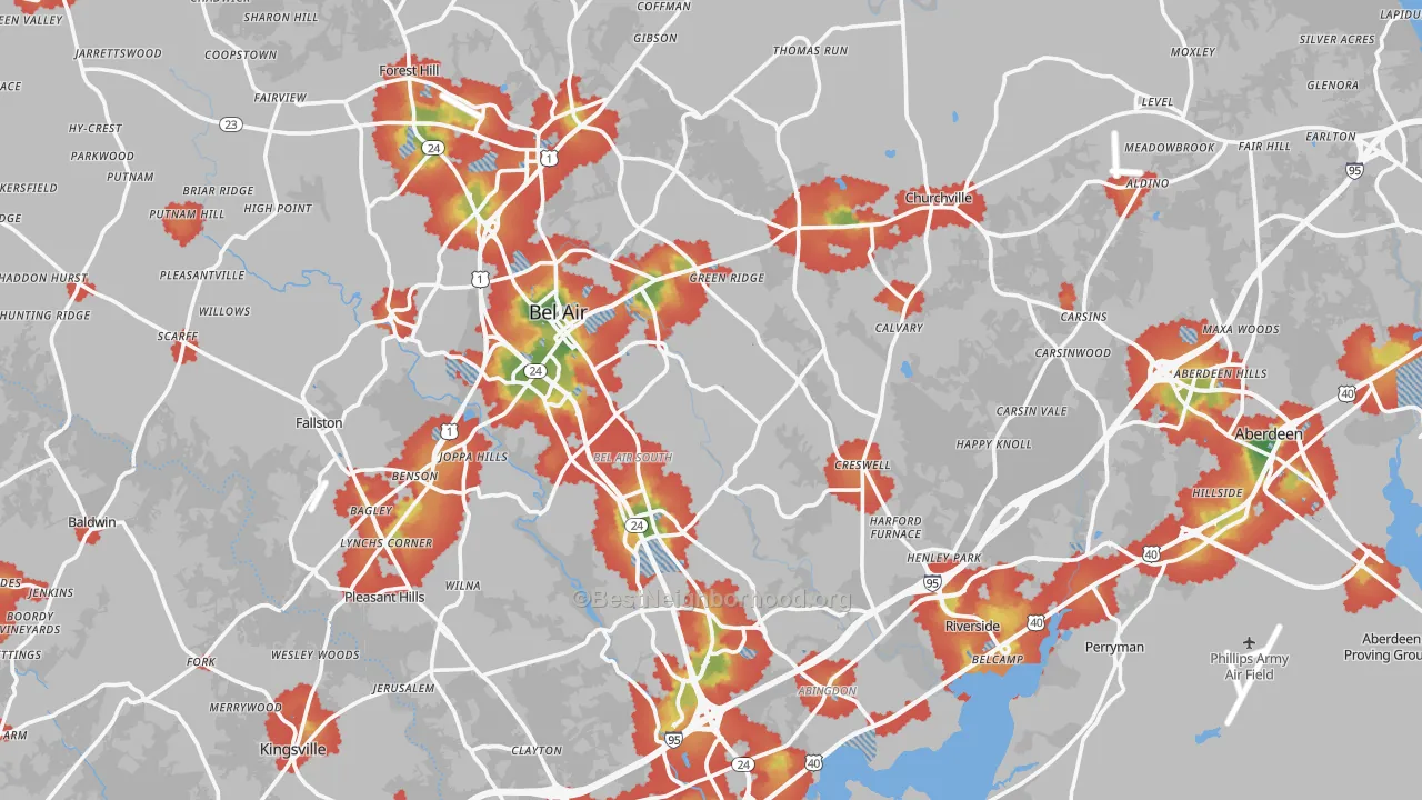 Walk Grade map of Harford County, MD, walkable areas in green and car-dependent areas in red