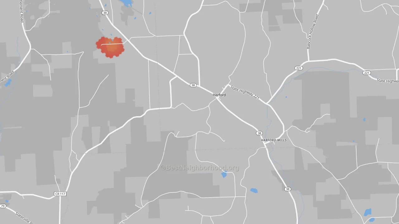 Walk Grade map of Harford, NY, walkable areas in green and car-dependent areas in red