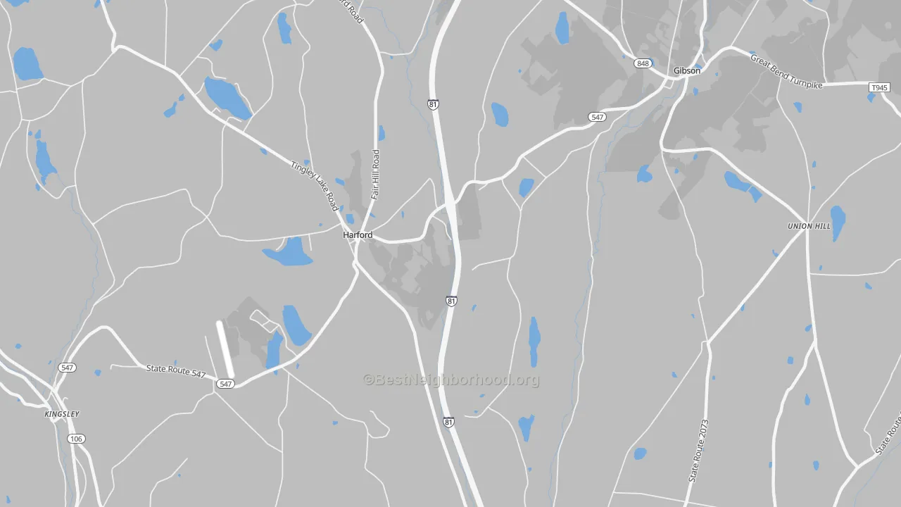 Walk Grade map of Harford, PA, walkable areas in green and car-dependent areas in red