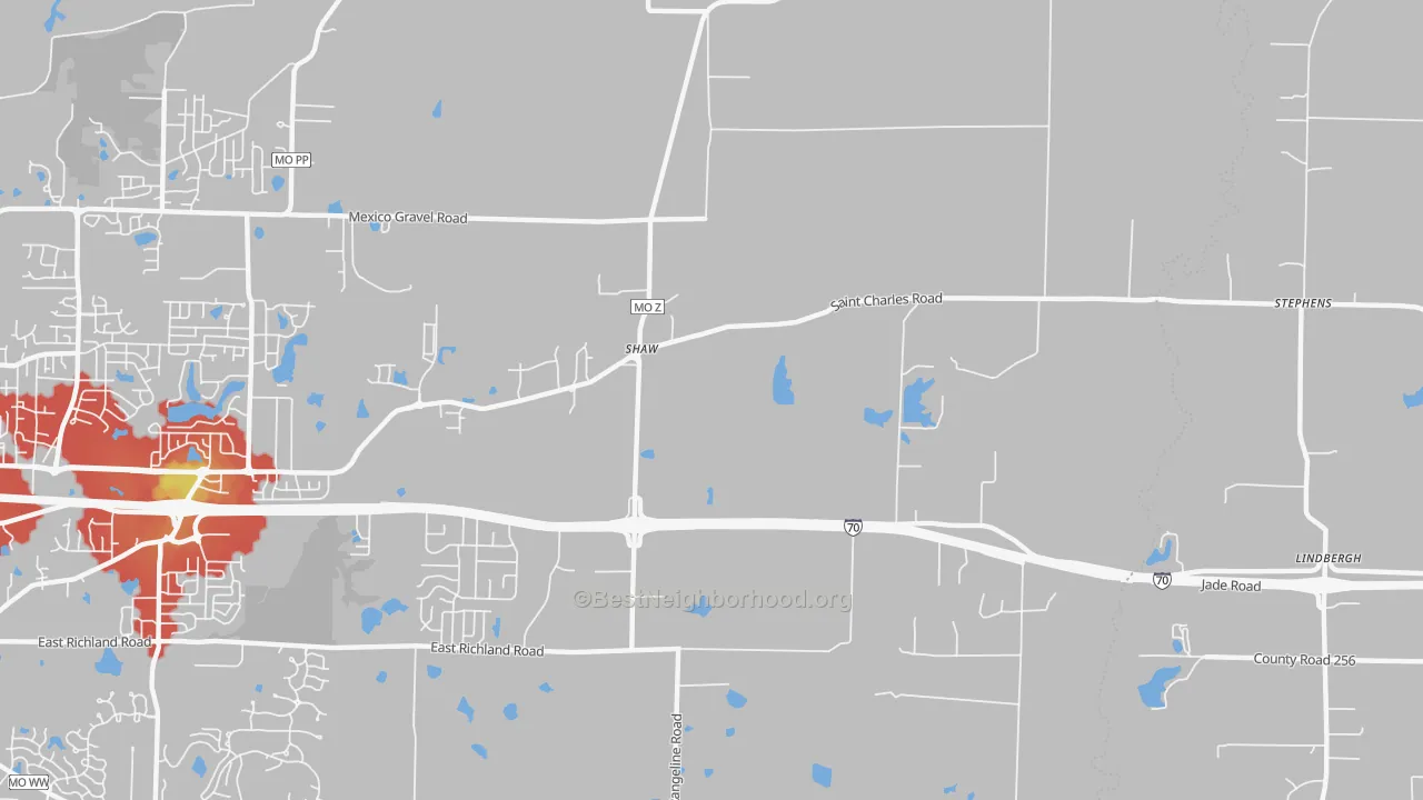 Walk Grade map of Harg, MO, walkable areas in green and car-dependent areas in red