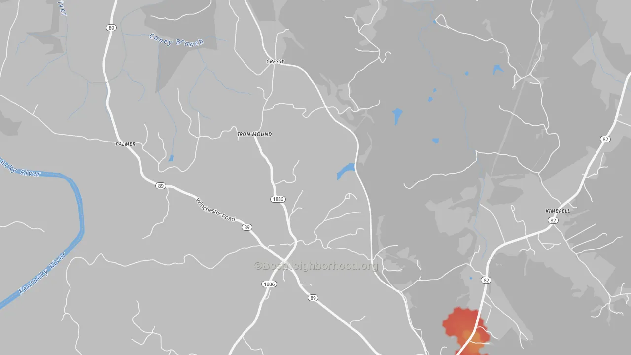 Walk Grade map of Hargett, KY, walkable areas in green and car-dependent areas in red
