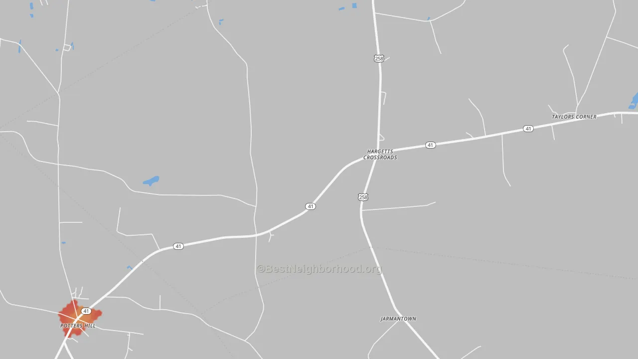 Walk Grade map of Hargetts Crossroads, NC, walkable areas in green and car-dependent areas in red
