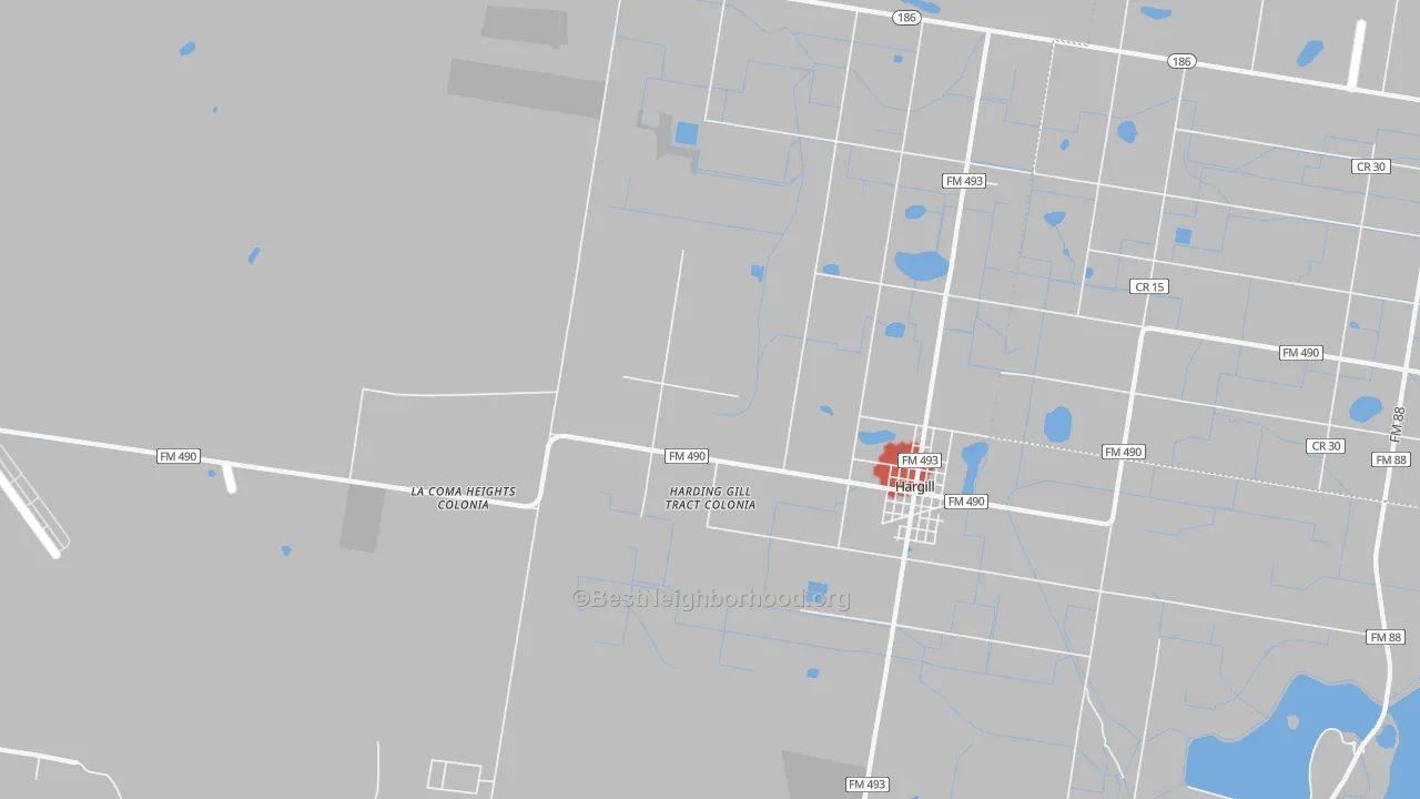 Walk Grade map of Hargill, TX, walkable areas in green and car-dependent areas in red