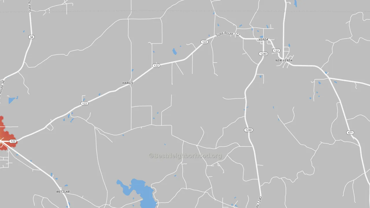 Walk Grade map of Hargis, LA, walkable areas in green and car-dependent areas in red