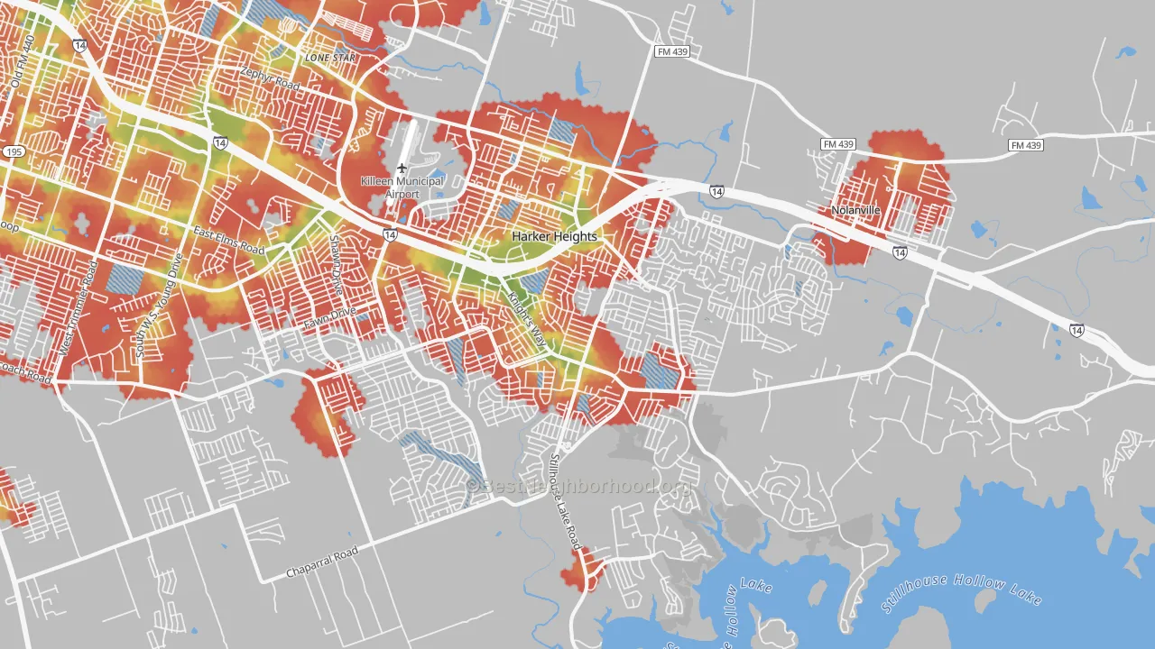 Walk Grade map of Harker Heights, TX, walkable areas in green and car-dependent areas in red