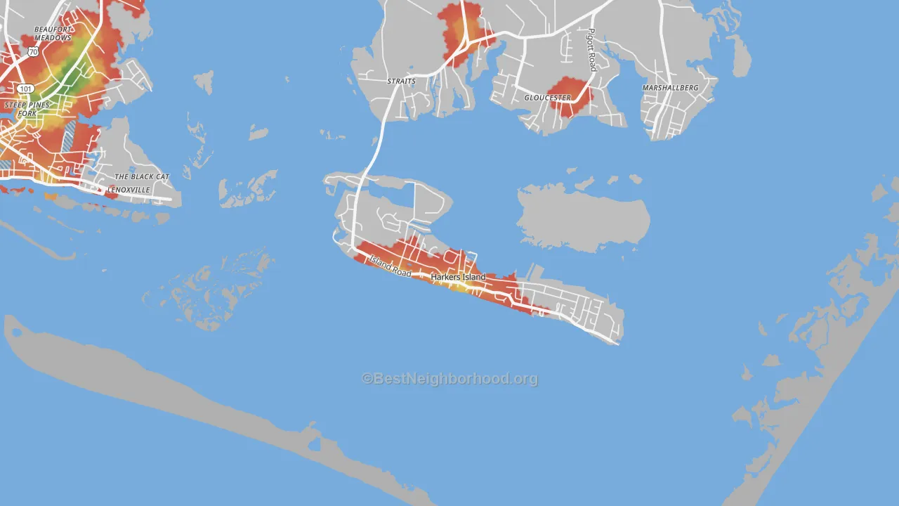 Walk Grade map of Harkers Island, NC, walkable areas in green and car-dependent areas in red