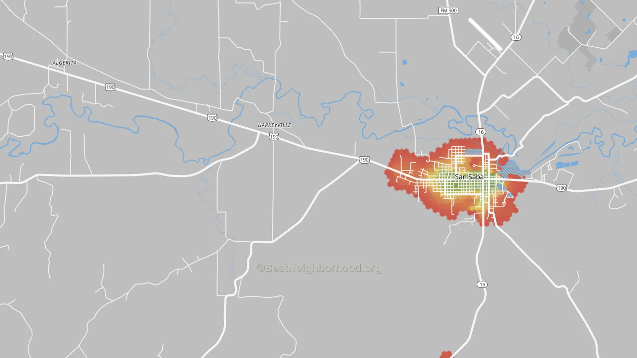 Walk Grade map of Harkeyville, TX, walkable areas in green and car-dependent areas in red