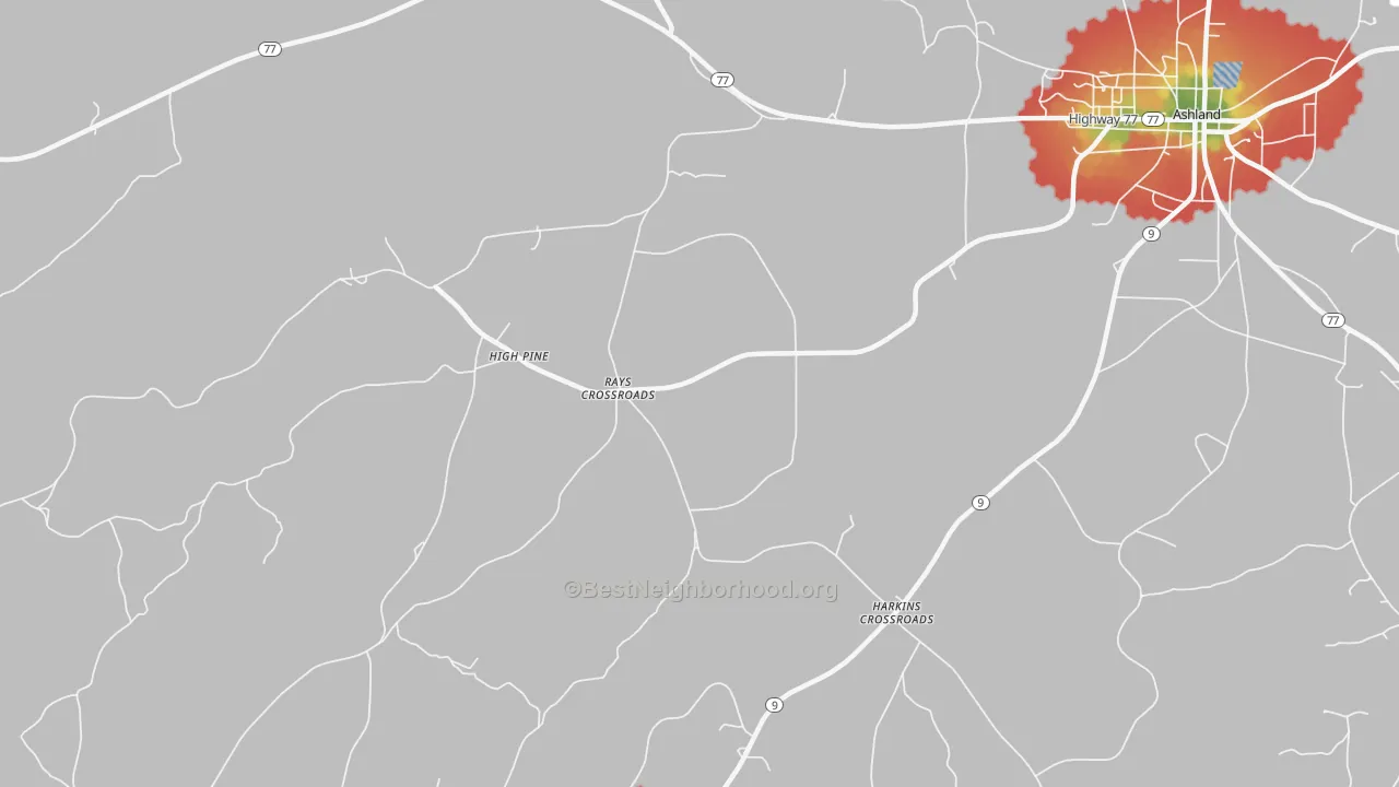 Walk Grade map of Harkins Crossroads, AL, walkable areas in green and car-dependent areas in red