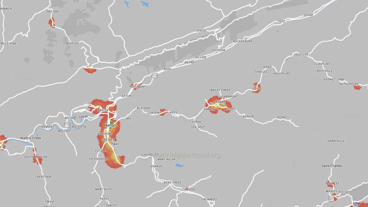 Walk Grade map of Harlan County, KY, walkable areas in green and car-dependent areas in red