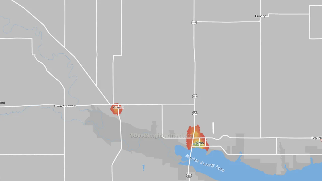Walk Grade map of Harlan County, NE, walkable areas in green and car-dependent areas in red