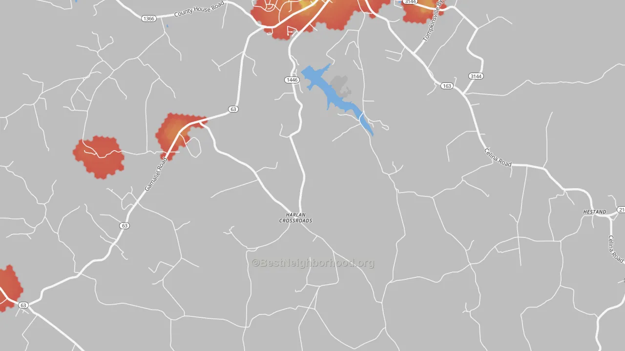 Walk Grade map of Harlan Crossroads, KY, walkable areas in green and car-dependent areas in red